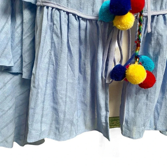 English Factory Blue Pom Pom Tie Top Tiered Sleeve Blouse Size Small - Picture 6 of 16